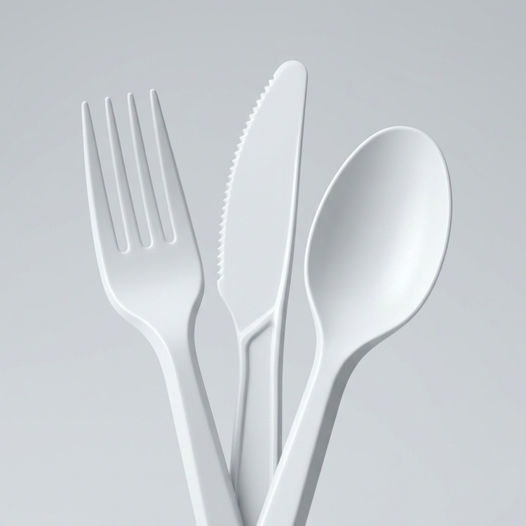 Generated illustration of white cutlery, not verified full kit contents