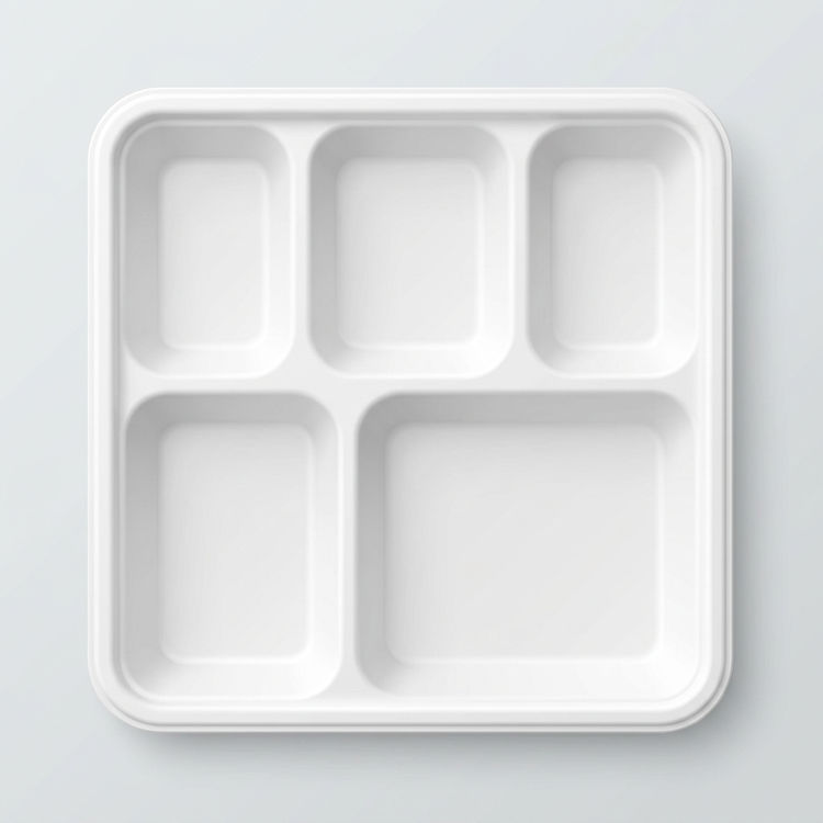 Generated illustration of a white six-compartment thali tray, not verified full combo contents