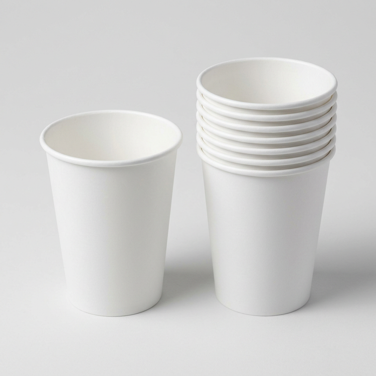 Generated illustration of white paper hot cups without lids, not verified RiteWare packaging