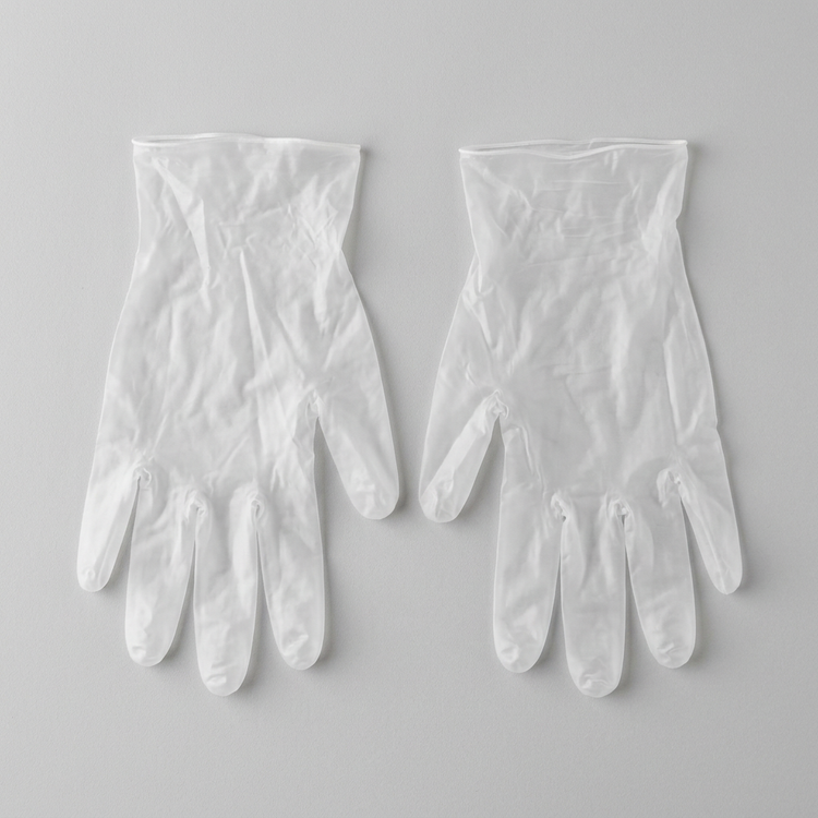 Generated illustration of generic vinyl gloves, not verified RiteTouch packaging