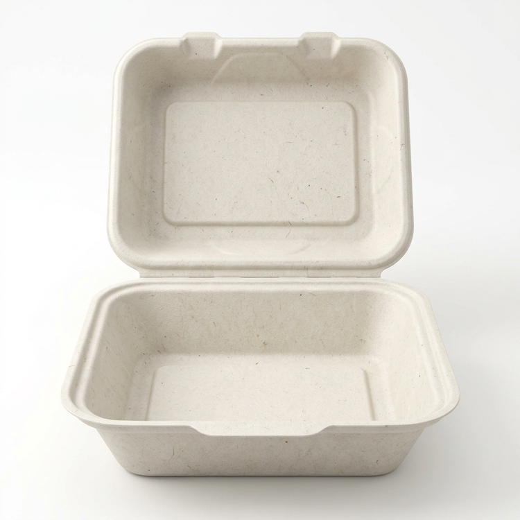 Generated illustration of a generic square bagasse hinged takeaway container