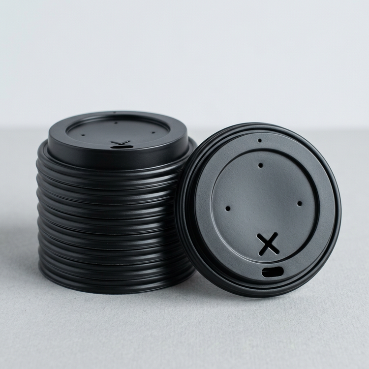 Generated illustration of generic black flat cup lids, cups not included